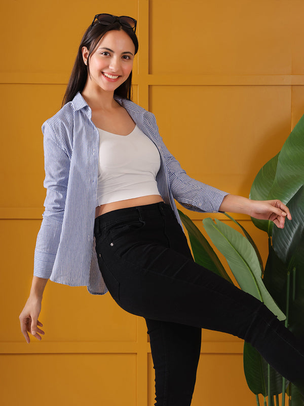 Women New Fit Spread Collar Vertical Striped Cotton Casual Shirt