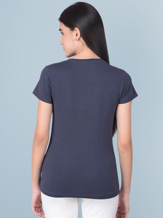 Women Solid Round Neck Cotton Blend Grey T-Shirt