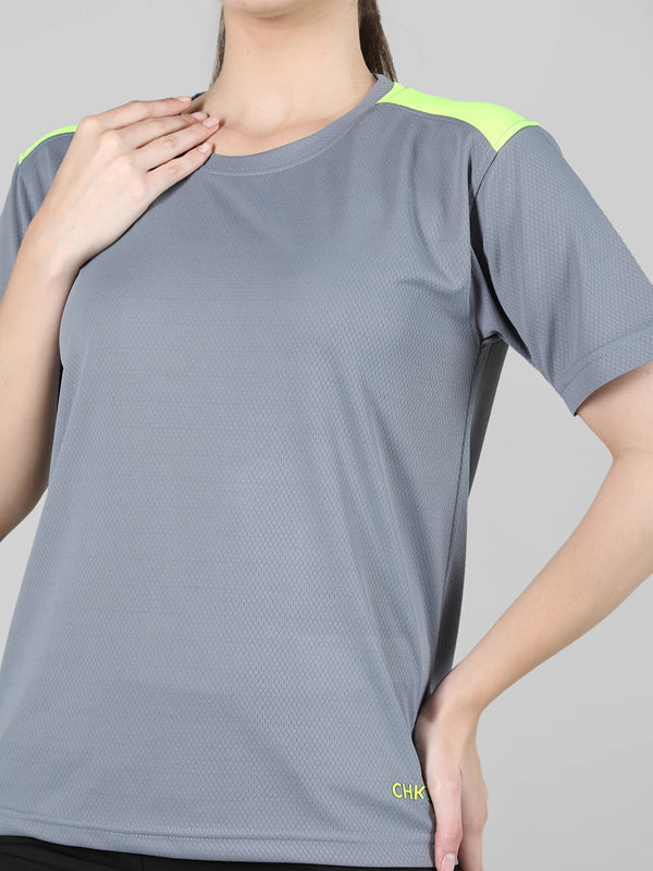 Women Colorblock Round Neck Polyester Grey T-Shirt