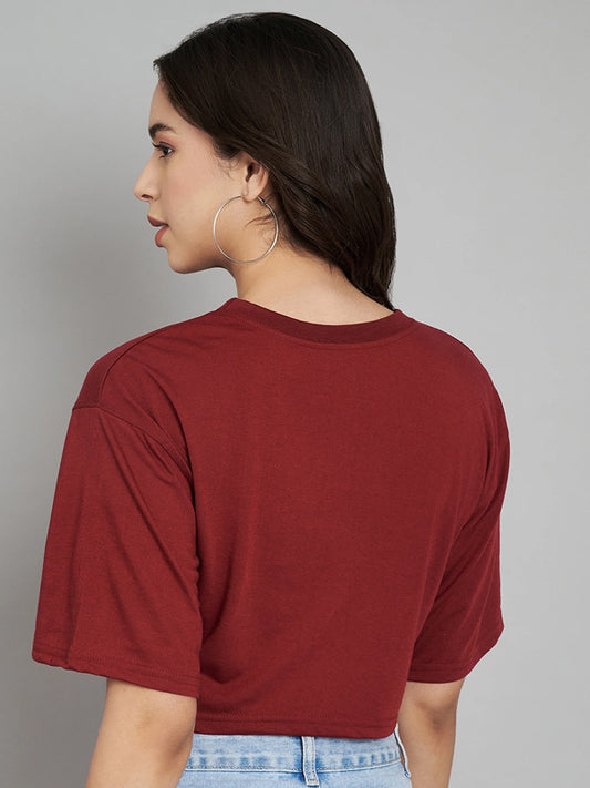 Women Graphic Print Crew Neck Cotton Blend Maroon T-Shirt