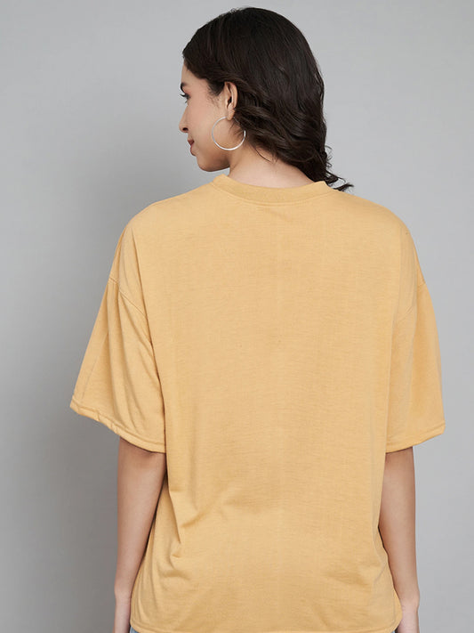 Women Typography Crew Neck Cotton Blend Yellow T-Shirt