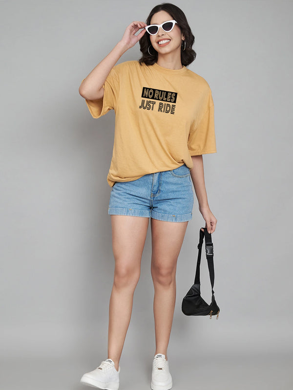 Women Typography Crew Neck Cotton Blend Yellow T-Shirt