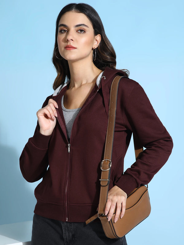 Women Full Sleeve Solid Hooded Sweatshirt Maroon