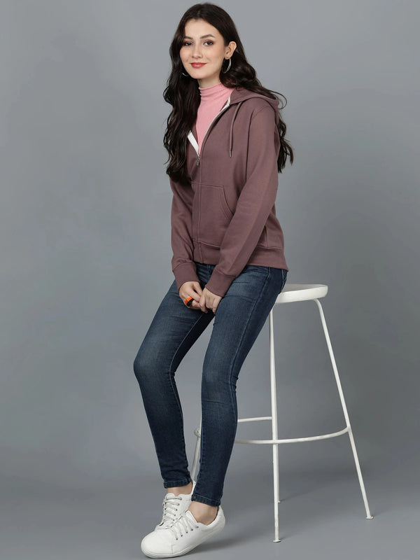 Women Full Sleeve Solid Hooded Sweatshirt Brown