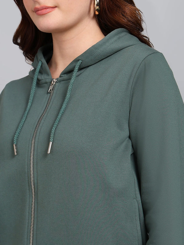 Women Full Sleeve Solid Hooded Sweatshirt Green