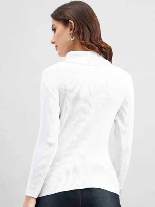 Women Solid High Neck Wool Blend White T-Shirt