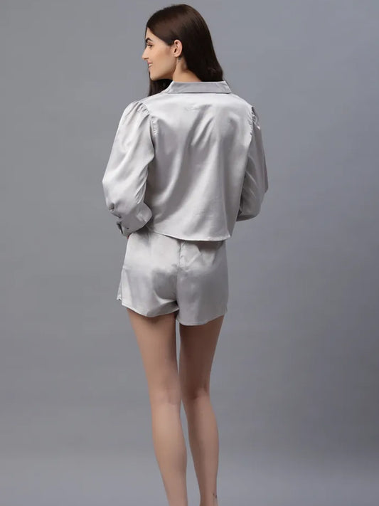 Women Top & Shorts Set Silver Solid