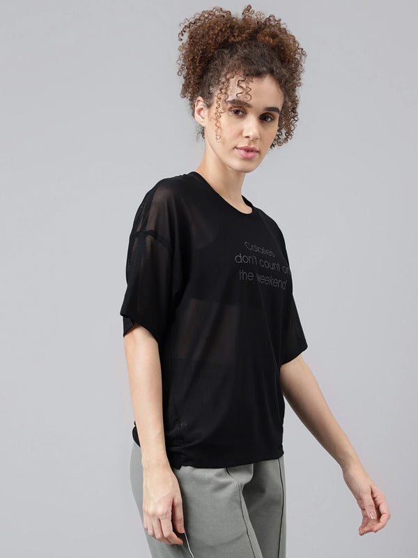Women Typography Crew Neck Nylon Black T-Shirt