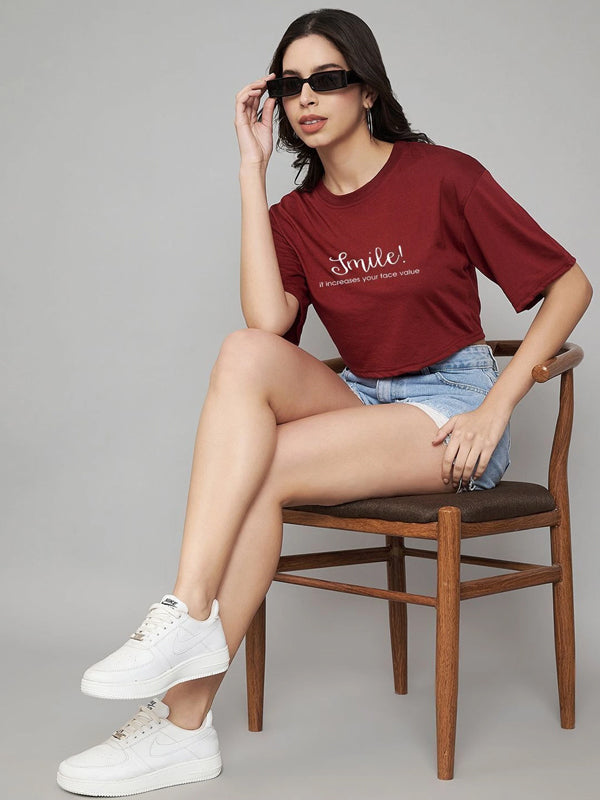 Women Typography, Graphic Print Crew Neck Cotton Blend Maroon T-Shirt