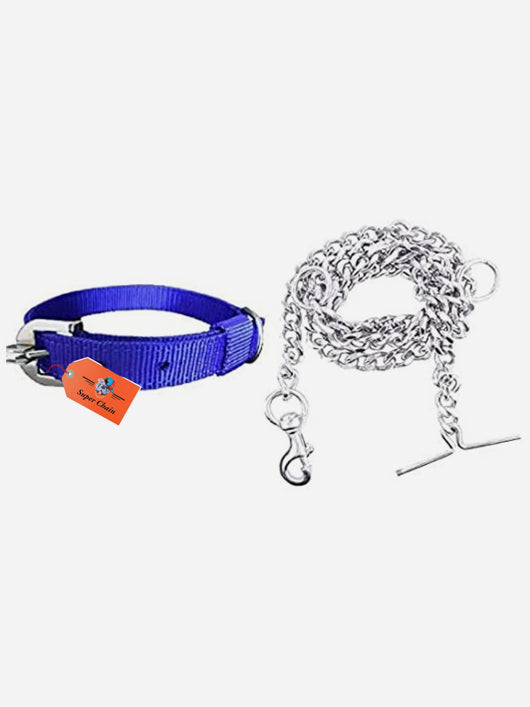 SUPER CHAIN Dog Belt Combo Nylon Collar with Heavy Chain Leash Dog Collar & Leash (Medium, Blue)