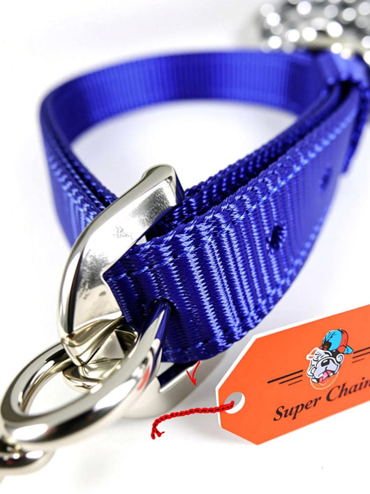 SUPER CHAIN Dog Belt Combo Nylon Collar with Heavy Chain Leash Dog Collar & Leash (Medium, Blue)