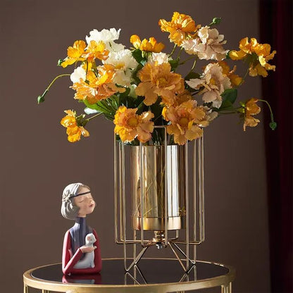 Next In Crafts Metal Geometric Designer Gold Pillar Flower Vase With Removable Glass Modern Design For Pot