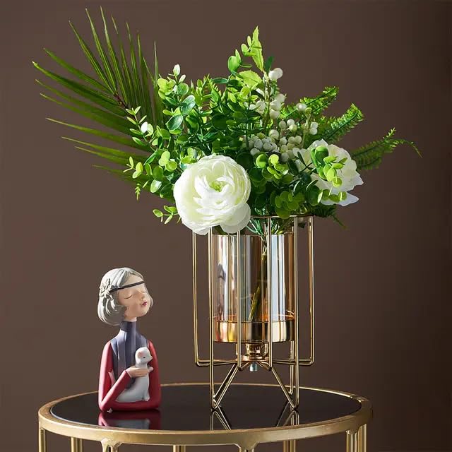 Next In Crafts Metal Geometric Designer Gold Pillar Flower Vase With Removable Glass Modern Design For Pot