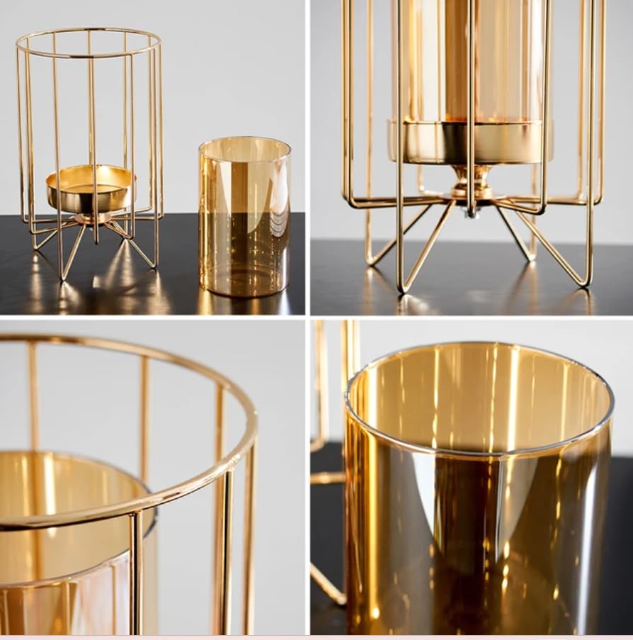 Next In Crafts Metal Geometric Designer Gold Pillar Flower Vase With Removable Glass Modern Design For Pot