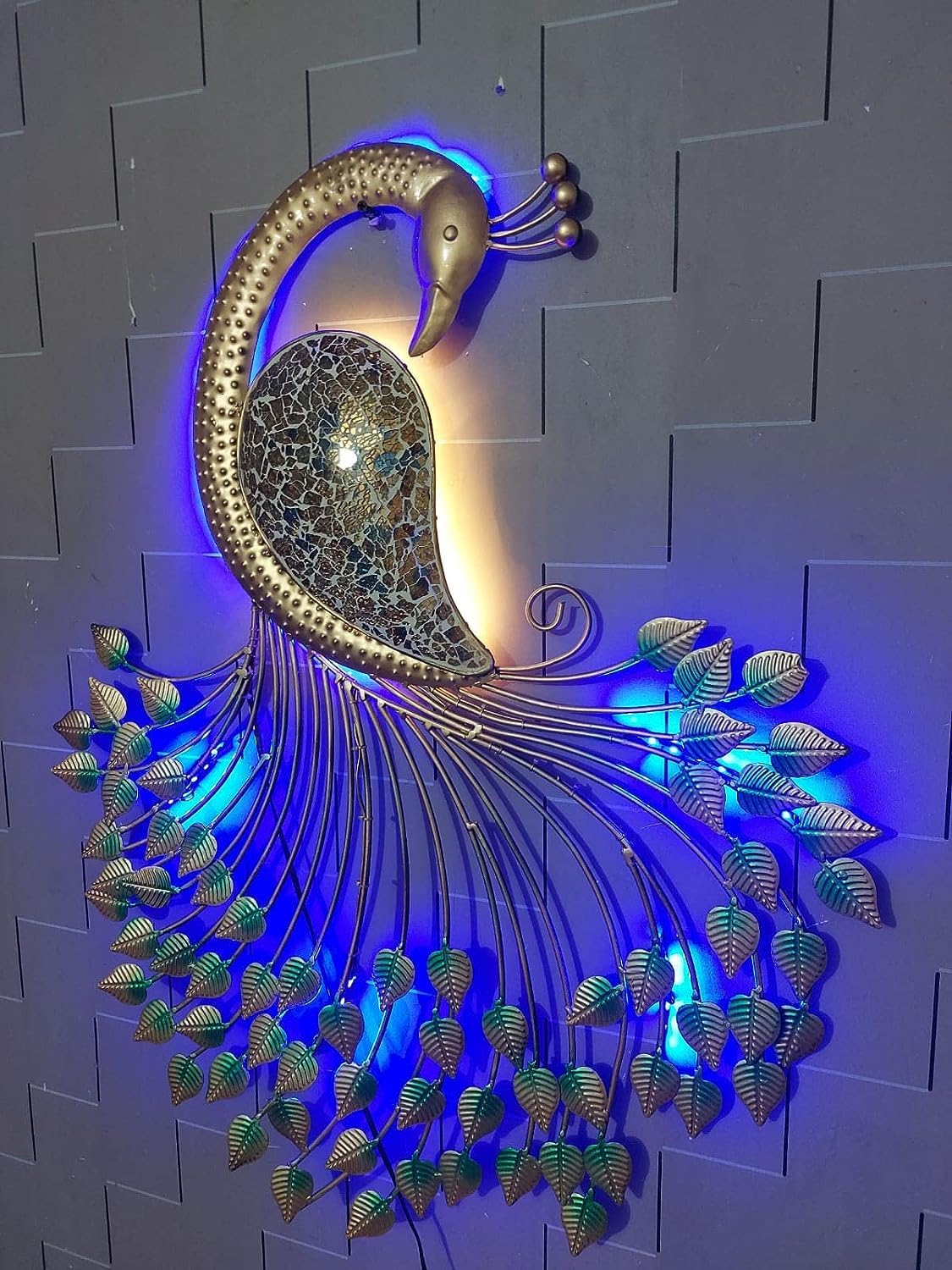 Meqstore Nesfur Metal Handcrafted Peacock Wall Decor With LED Light, Home Decor