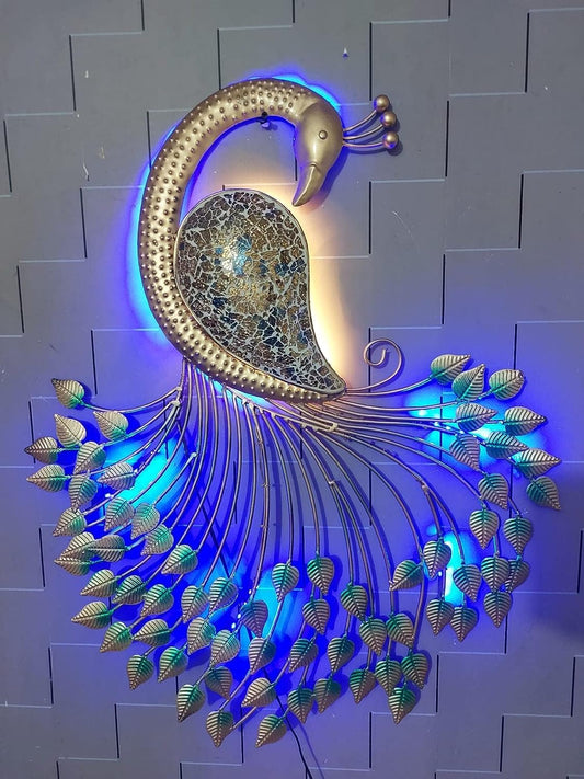 Meqstore Nesfur Metal Handcrafted Peacock Wall Decor With LED Light, Home Decor