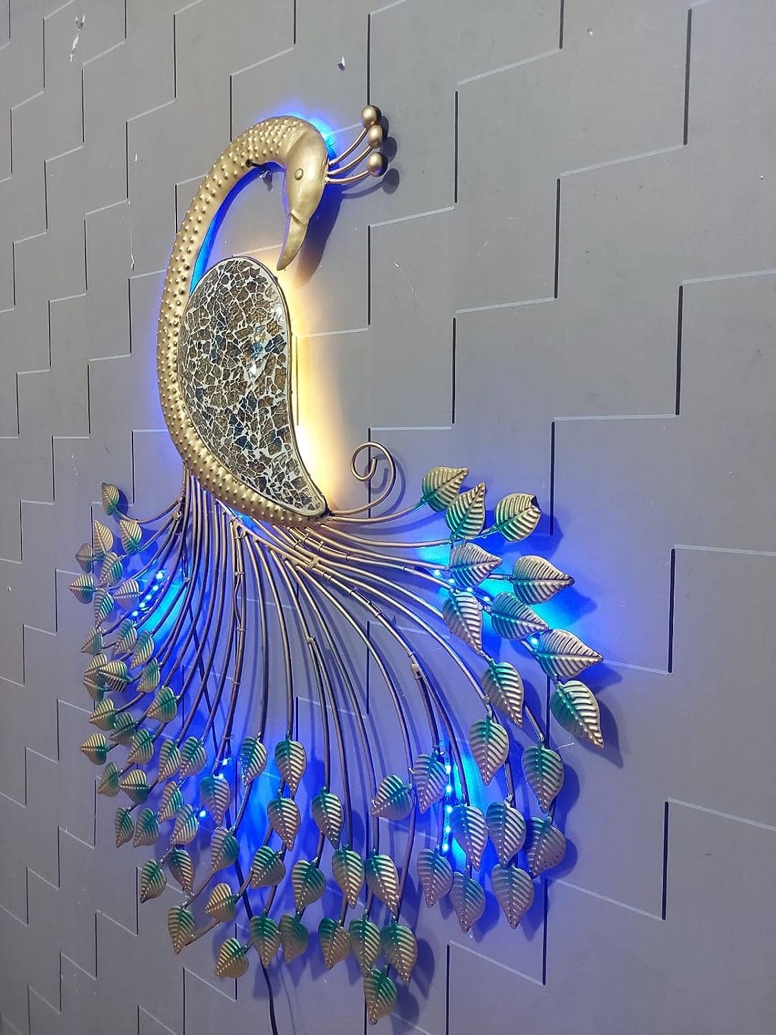 Meqstore Nesfur Metal Handcrafted Peacock Wall Decor With LED Light, Home Decor