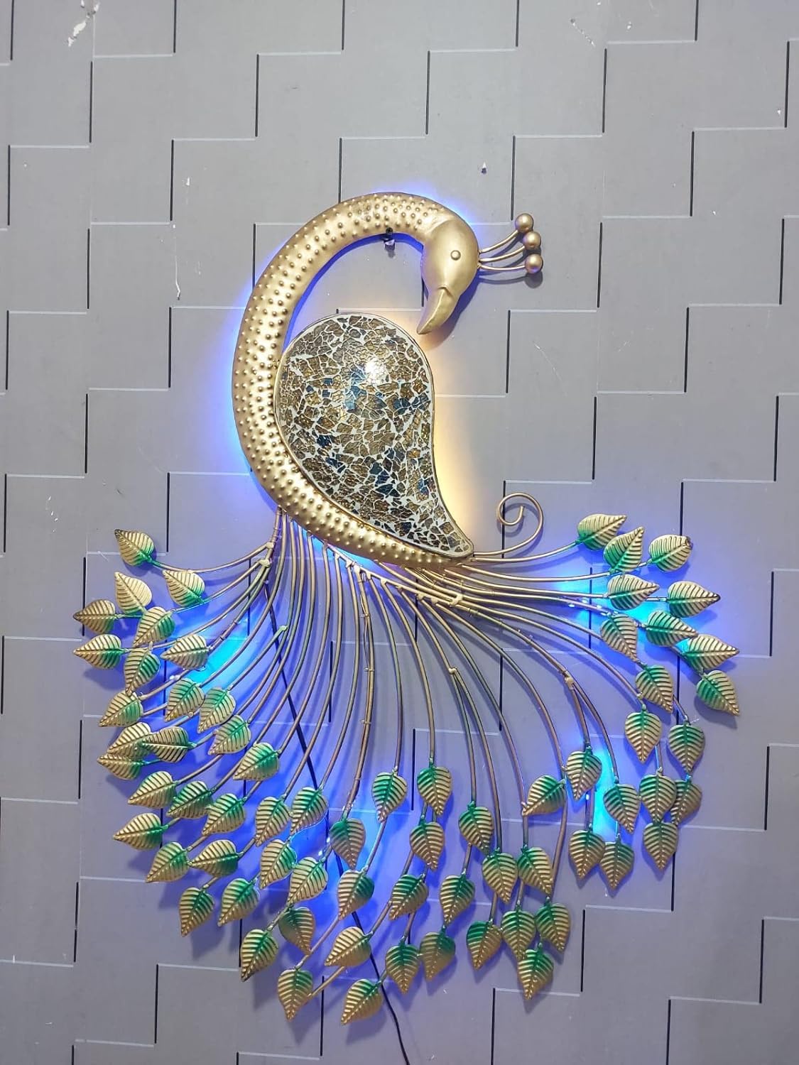 Meqstore Nesfur Metal Handcrafted Peacock Wall Decor With LED Light, Home Decor