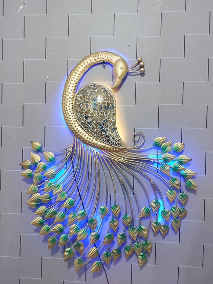 Meqstore Nesfur Metal Handcrafted Peacock Wall Decor With LED Light, Home Decor