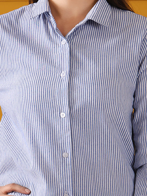 Women New Fit Spread Collar Vertical Striped Cotton Casual Shirt