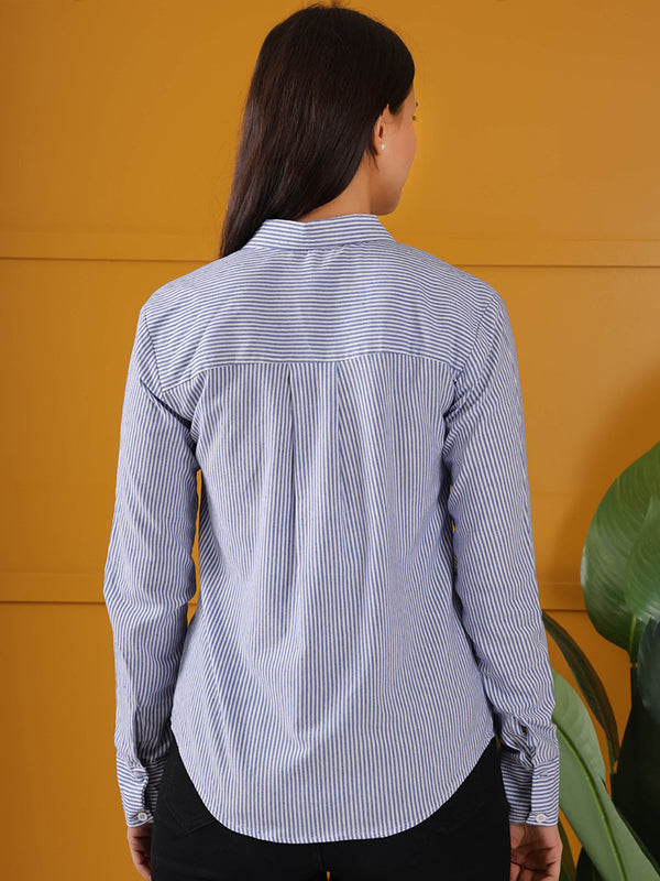 Women New Fit Spread Collar Vertical Striped Cotton Casual Shirt