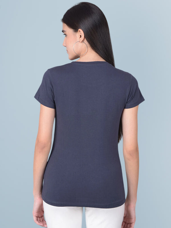 Women Solid Round Neck Cotton Blend Grey T-Shirt