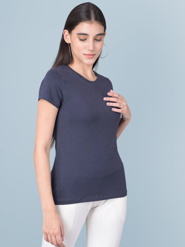Women Solid Round Neck Cotton Blend Grey T-Shirt