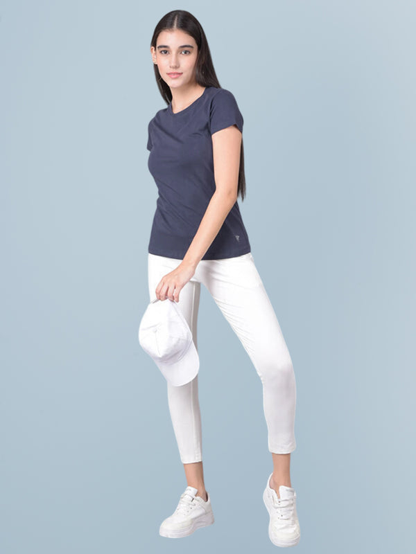 Women Solid Round Neck Cotton Blend Grey T-Shirt