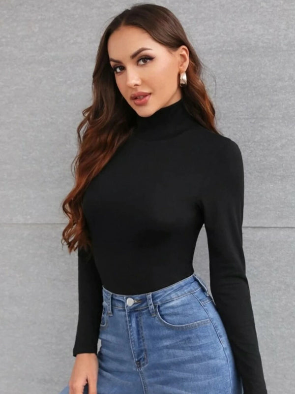 Women Solid High Neck Cotton Blend Black T-Shirt