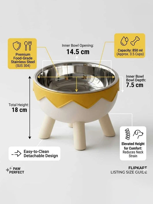Nutripetix Premium Elevated Stainless Steel Dog & Cat Bowl (Yellow & White) Stainless Steel Pet Bowl