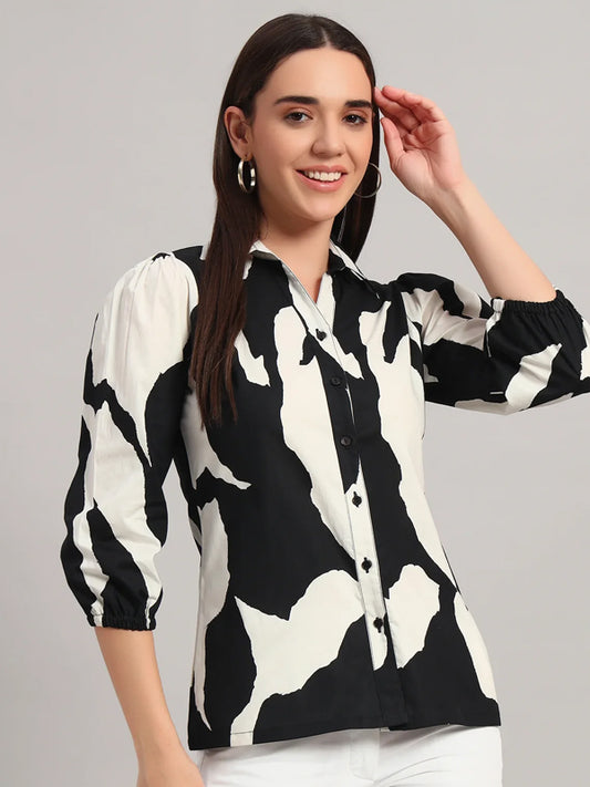 The All-Day Shirt Collar Top, Monochrome Print
