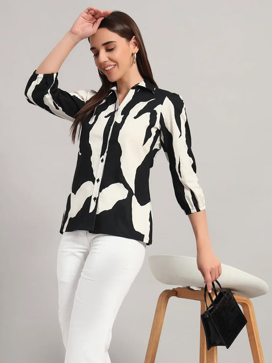 The All-Day Shirt Collar Top, Monochrome Print