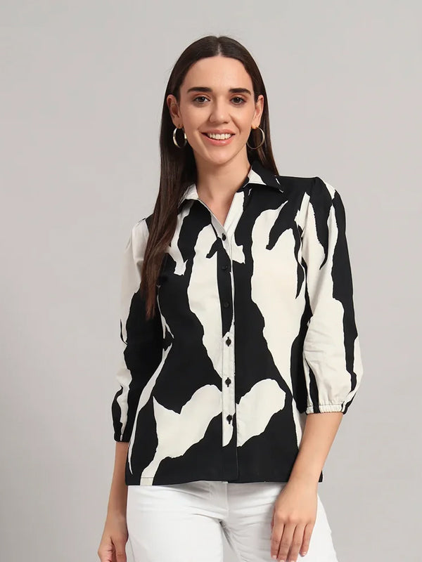 The All-Day Shirt Collar Top, Monochrome Print