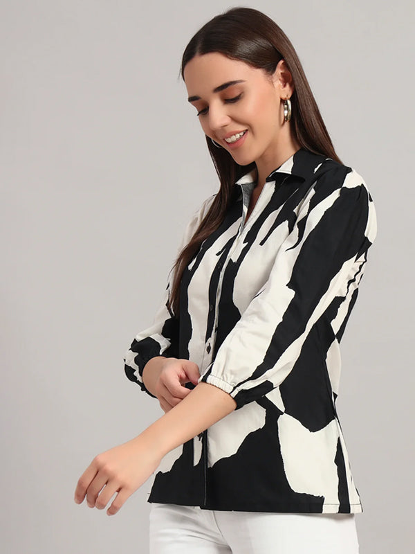 The All-Day Shirt Collar Top, Monochrome Print