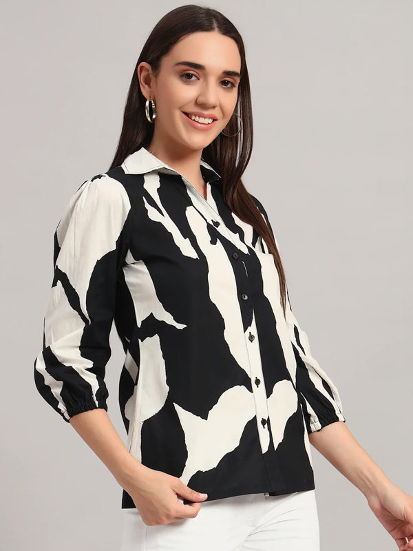 The All-Day Shirt Collar Top, Monochrome Print