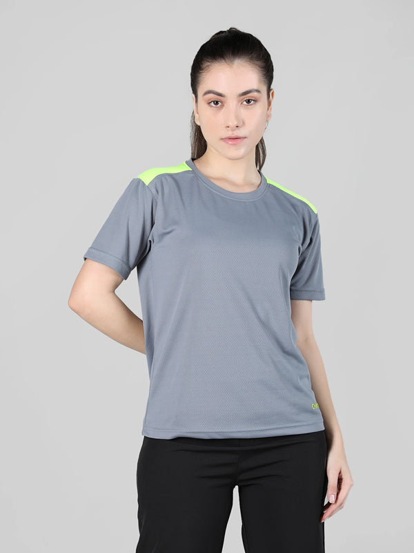 Women Colorblock Round Neck Polyester Grey T-Shirt