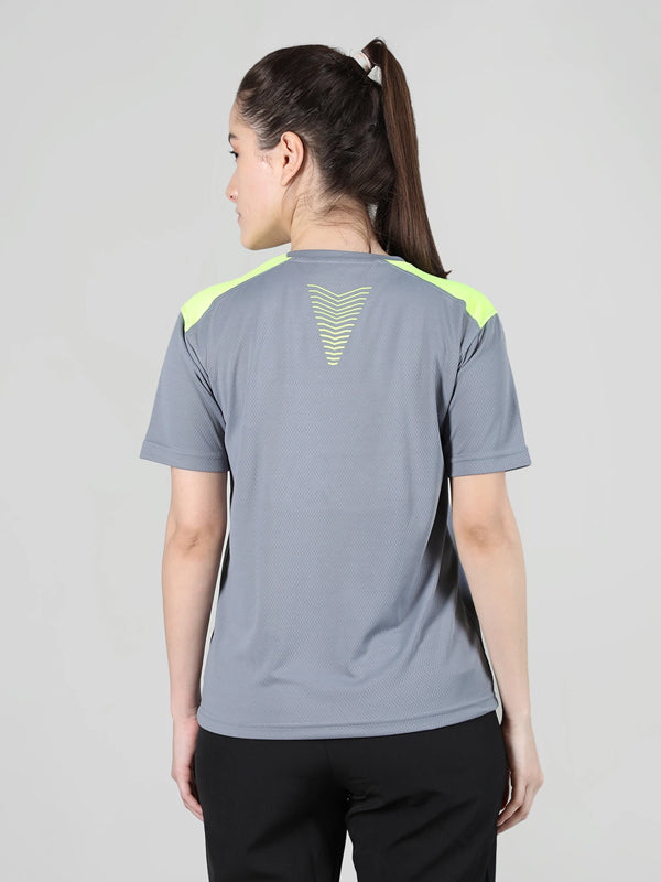 Women Colorblock Round Neck Polyester Grey T-Shirt