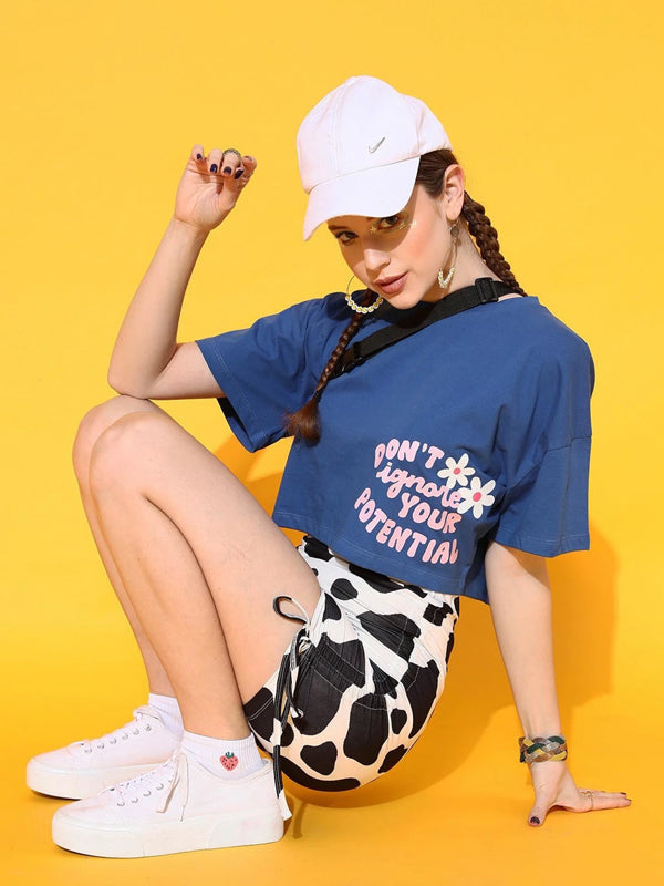 Women Typography Round Neck Cotton Blend Blue T-Shirt