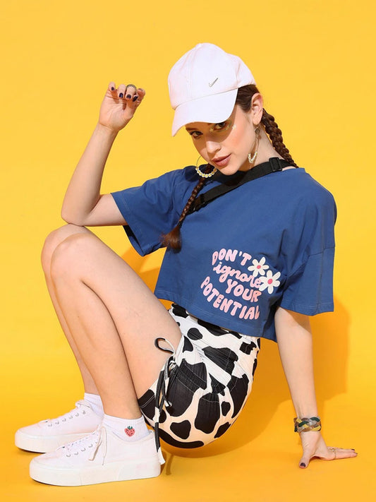 Women Typography Round Neck Cotton Blend Blue T-Shirt