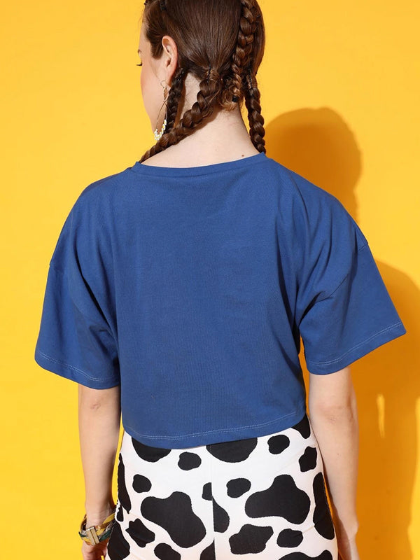 Women Typography Round Neck Cotton Blend Blue T-Shirt