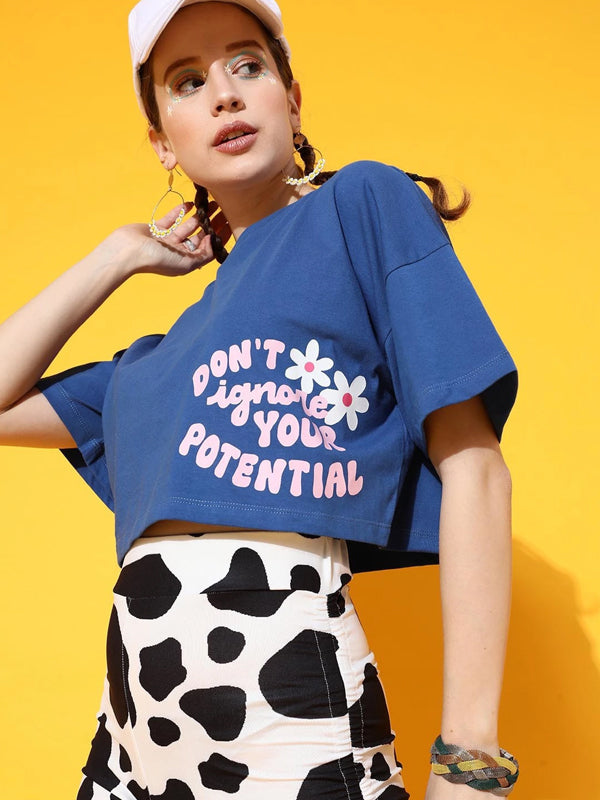 Women Typography Round Neck Cotton Blend Blue T-Shirt