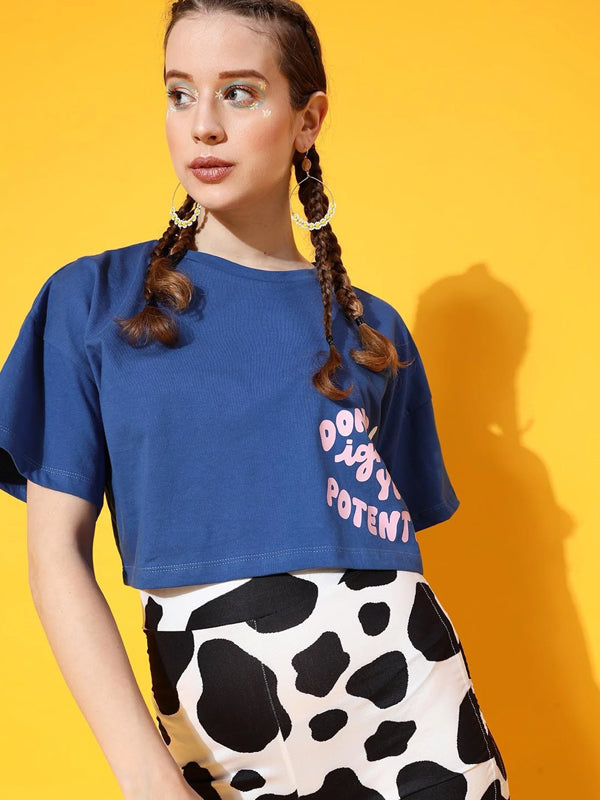 Women Typography Round Neck Cotton Blend Blue T-Shirt