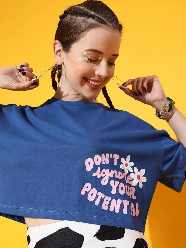 Women Typography Round Neck Cotton Blend Blue T-Shirt