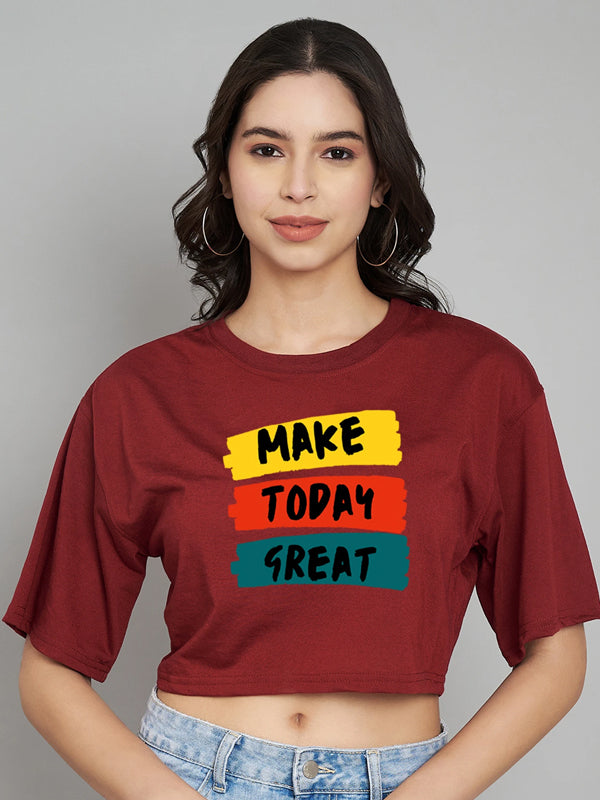 Women Graphic Print Crew Neck Cotton Blend Maroon T-Shirt