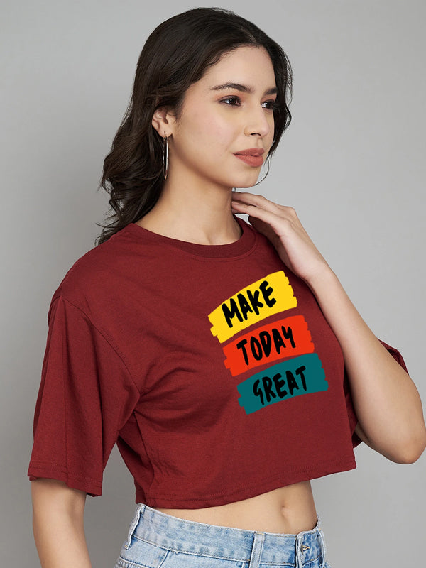 Women Graphic Print Crew Neck Cotton Blend Maroon T-Shirt