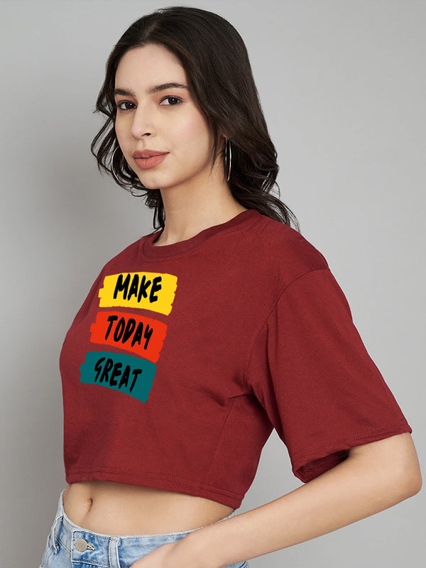 Women Graphic Print Crew Neck Cotton Blend Maroon T-Shirt