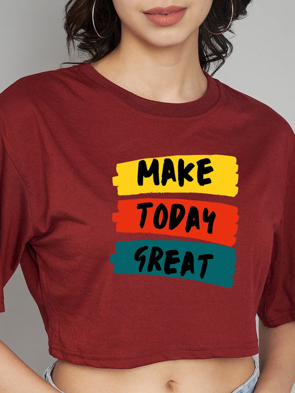Women Graphic Print Crew Neck Cotton Blend Maroon T-Shirt