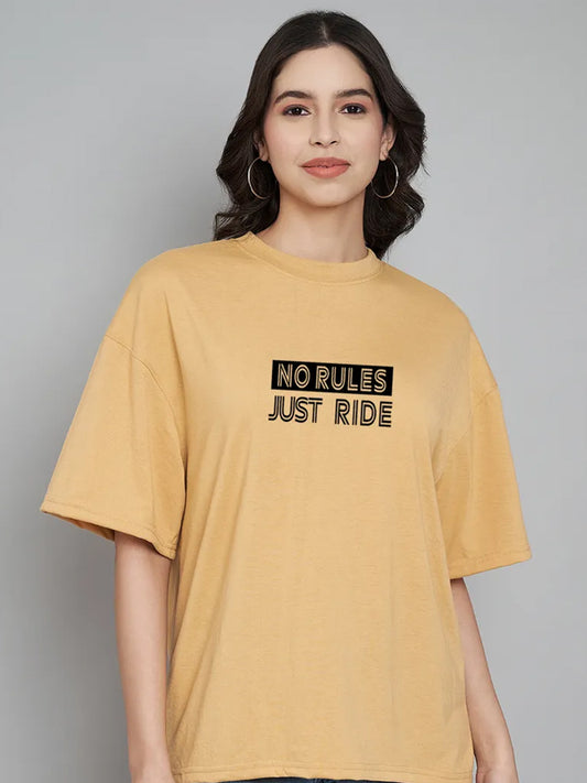 Women Typography Crew Neck Cotton Blend Yellow T-Shirt