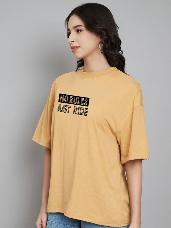 Women Typography Crew Neck Cotton Blend Yellow T-Shirt