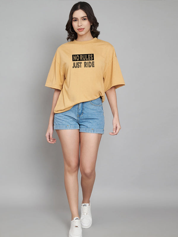 Women Typography Crew Neck Cotton Blend Yellow T-Shirt